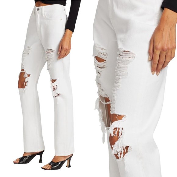 Frame Le Hollywood High Rise Distressed Jeans in Rumpled Blanc Rips White Denim - Picture 2 of 10